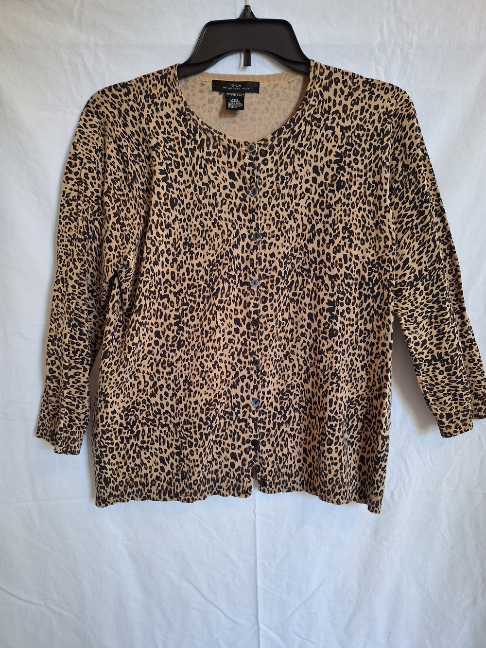 August Silk Womens Button Up Cardigan Leopard Print 3/4 Sleeve Sz L